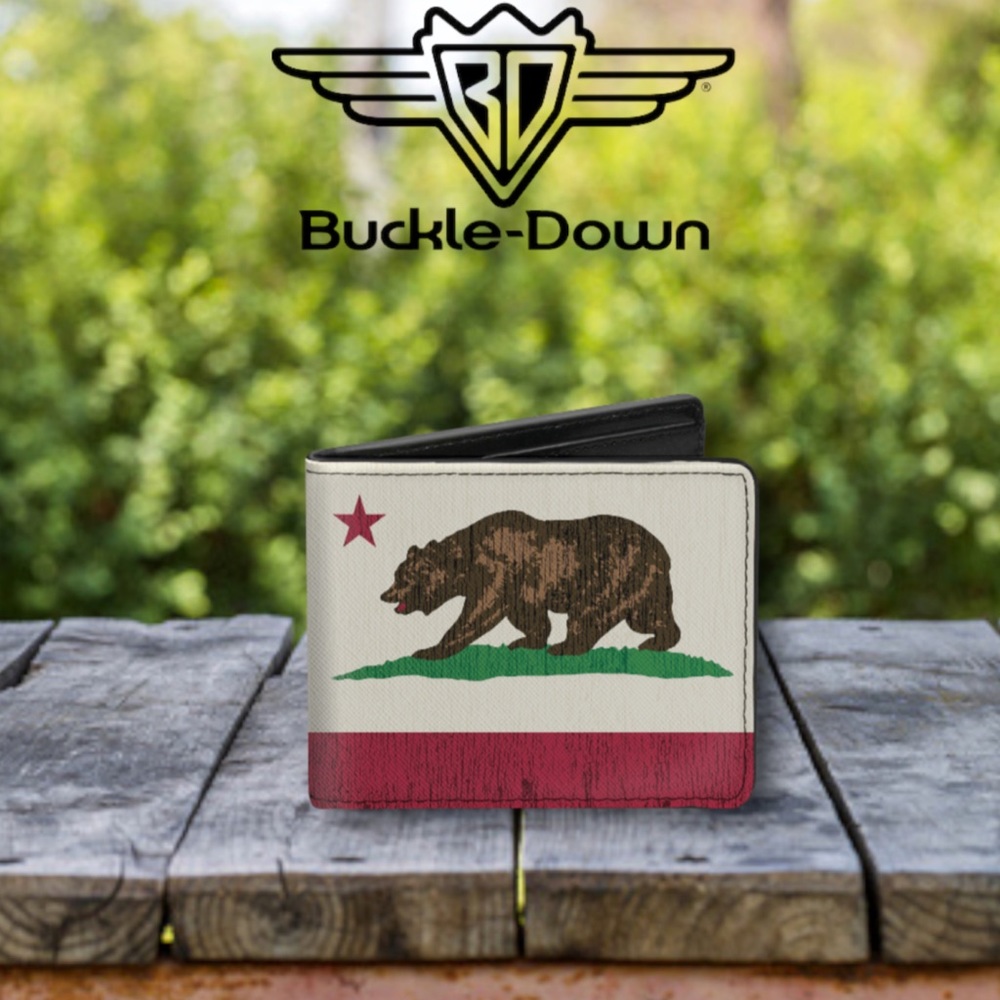 Buckle Down Bi-Fold Wallet- California Flag Bear Weathered White